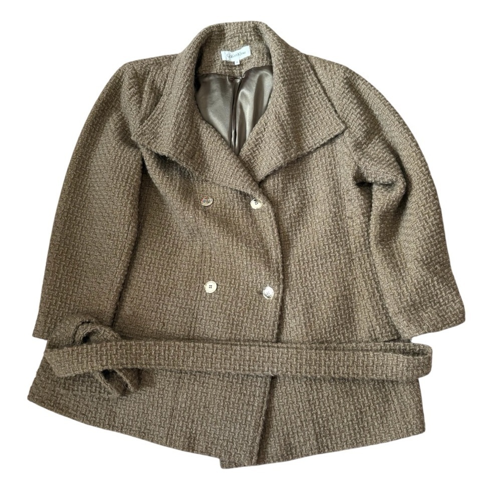 Calvin Klein Brown Wool Blend Pea Coat Boucle Knit Sz 2X Waist Tie Women’s
